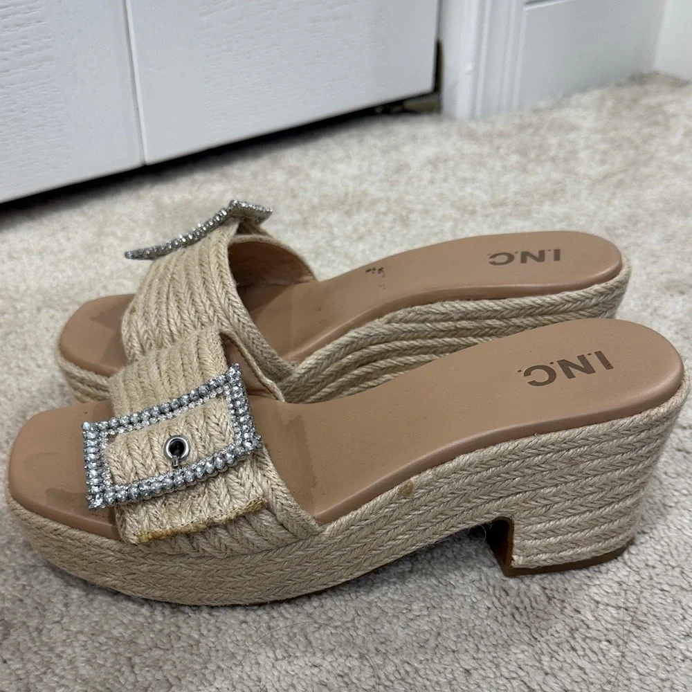 INC International Concepts Tan Jute Slide Sandals with Rhinestone Buckle Accent